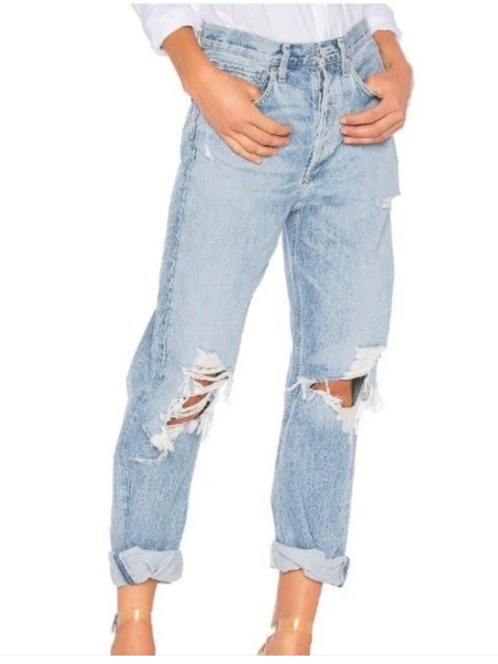AGOLDE 90s Mid Rise Loose Fit Distressed Jeans in Fall Out Light Wash Size 27